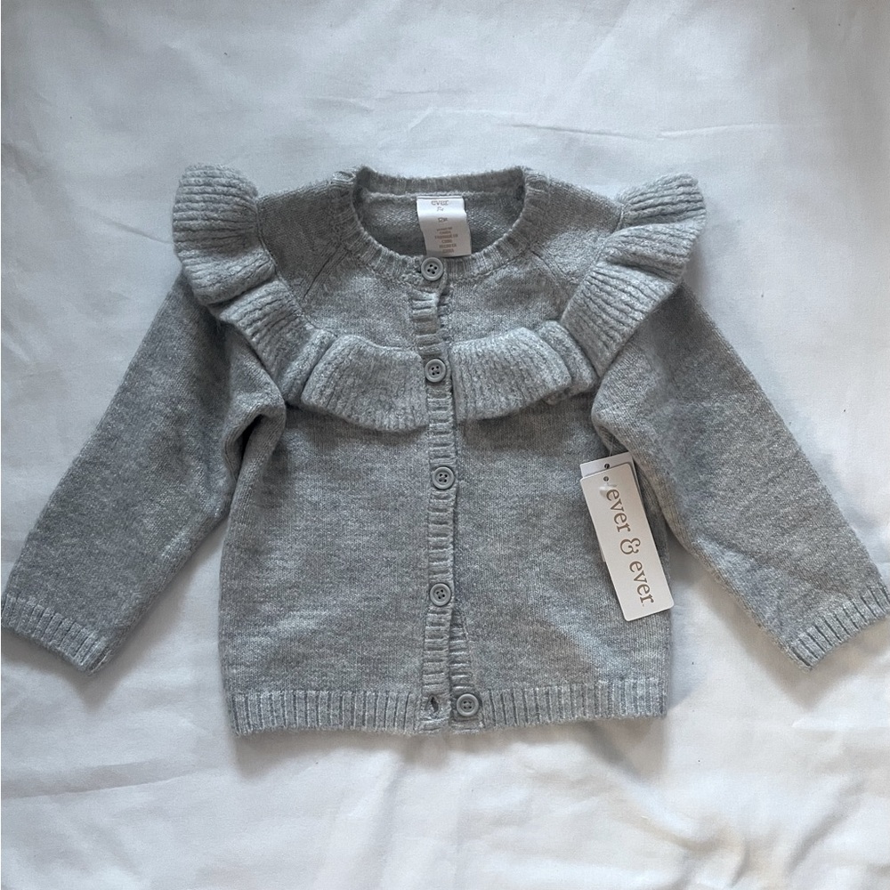 Ever & Ever Gray Button Front Cardigan with Ruffles Size 12 Months NWT